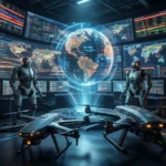 To robotter står ved siden af droner og en lysende holografisk globus, omgivet af adskillige skærme, der viser data, kort og verdenskort i et højteknologisk kontrolrum. - Kunstig intelligens AI