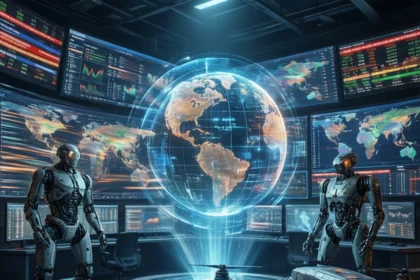 To robotter står ved siden af droner og en lysende holografisk globus, omgivet af adskillige skærme, der viser data, kort og verdenskort i et højteknologisk kontrolrum. - Kunstig intelligens AI