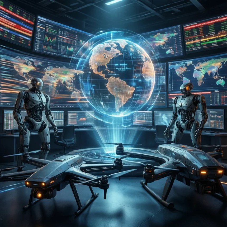To robotter står ved siden af droner og en lysende holografisk globus, omgivet af adskillige skærme, der viser data, kort og verdenskort i et højteknologisk kontrolrum. - Kunstig intelligens AI