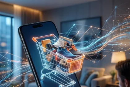 En mand, der holder en tablet, ser på en digital indkøbskurv fyldt med sneakers, der dukker op på en stor smartphone-skærm. - Kunstig intelligens AI