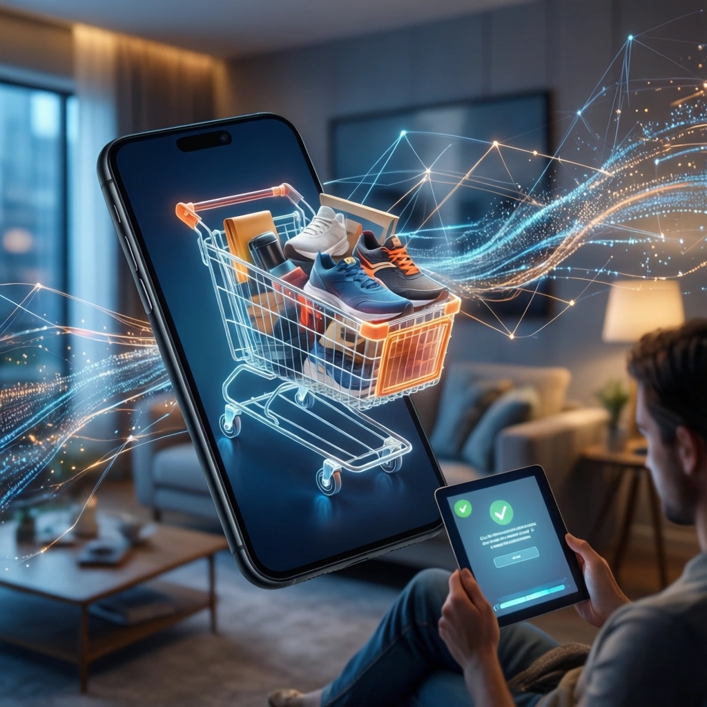En mand, der holder en tablet, ser på en digital indkøbskurv fyldt med sneakers, der dukker op på en stor smartphone-skærm. - Kunstig intelligens AI