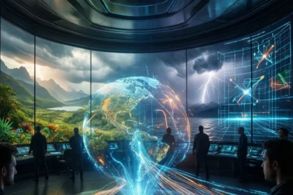 Folk, der arbejder ved en cirkulær konsol, hvor der vises en lysende holografisk globus, med panoramaskærme i baggrunden, der viser landskaber og datavisualiseringer. - Kunstig intelligens AI