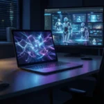 En bærbar computer med farverige, abstrakte grafiske motiver står på et skrivebord i et mørkt rum; bag den viser en stor skærm futuristiske robotter og digitale grænseflader. - Kunstig intelligens AI