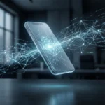 En smartphone, der svæver over en overflade, omgivet af lysende, sammenkoblede digitale netværkslinjer. - Kunstig intelligens AI