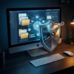 Et sølvfarvet, metallisk skjold svæver foran en computerskærm, der viser digitale filmapper og en netværksgrafik. - Kunstig intelligens AI