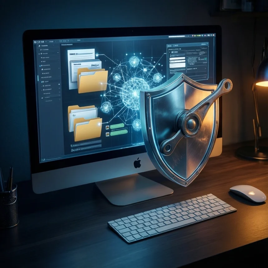 Et sølvfarvet, metallisk skjold svæver foran en computerskærm, der viser digitale filmapper og en netværksgrafik. - Kunstig intelligens AI