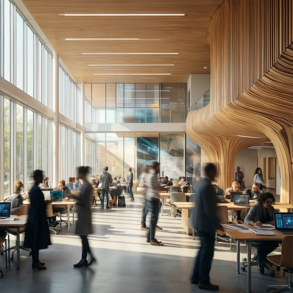 Moderne, solfyldt kontorlokale med store vinduer, arkitektoniske detaljer i træ og mennesker, der arbejder eller går rundt ved skriveborde med bærbare computere. Der hersker en travl og samarbejdsorienteret atmosfære. - Kunstig intelligens AI