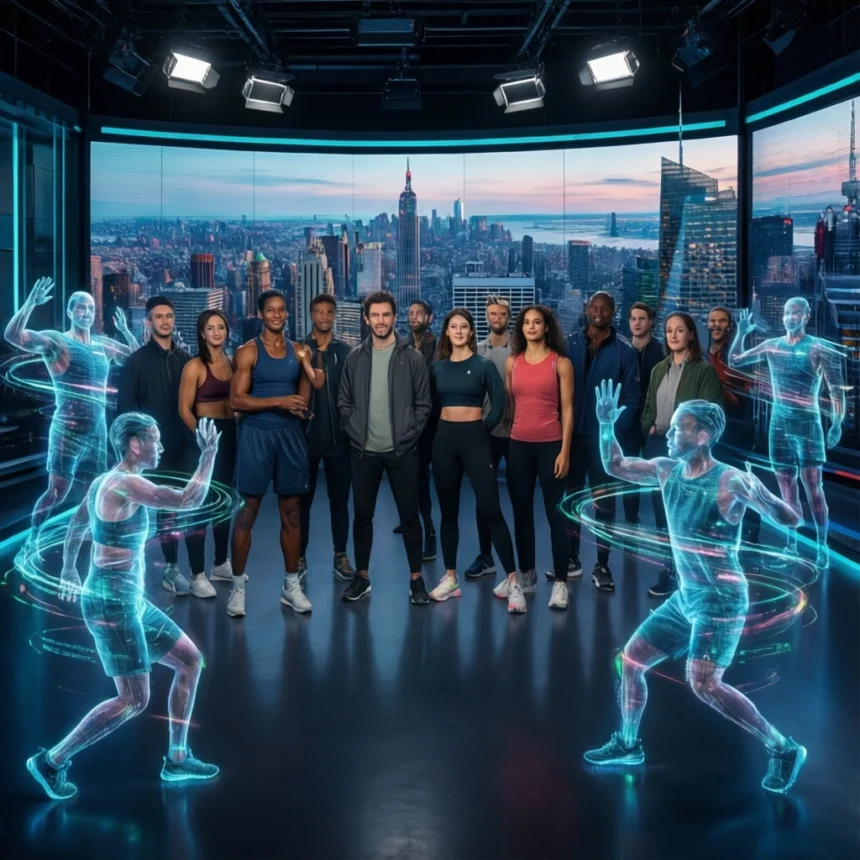 En gruppe mennesker, der står i et studie foran en digital bysilhuet, flankeret af to lysende, holografiske figurer i atletiske stillinger. - Kunstig intelligens AI