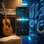 En smartphone, der viser en musikstreaming-app, står mellem en guitar til venstre og et serverrum til højre. - Kunstig intelligens AI
