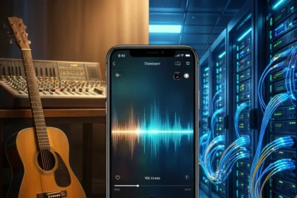 En smartphone, der viser en musikstreaming-app, står mellem en guitar til venstre og et serverrum til højre. - Kunstig intelligens AI