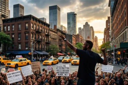En mand står på en scene og taler til en skare af demonstranter, der holder skilte i en gade i byen, med taxier og skyskrabere i baggrunden. - Kunstig intelligens AI