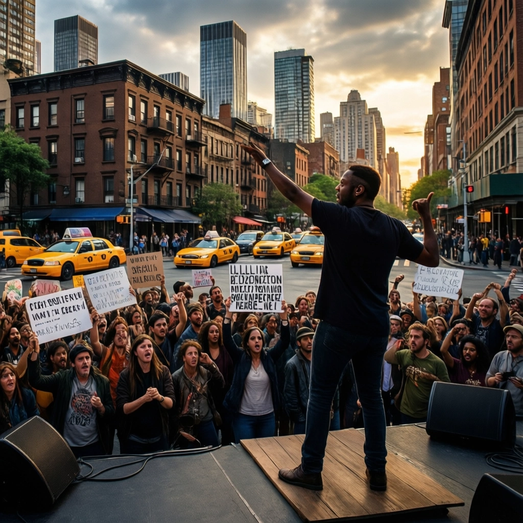 En mand står på en scene og taler til en skare af demonstranter, der holder skilte i en gade i byen, med taxier og skyskrabere i baggrunden. - Kunstig intelligens AI