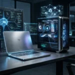 En bærbar computer og en stationær computer med et lysende sidepanel af glas står på et skrivebord, mens der vises holografiske netværksdiagrammer på skærmene og svæver over computerkabinettet. - Kunstig intelligens AI