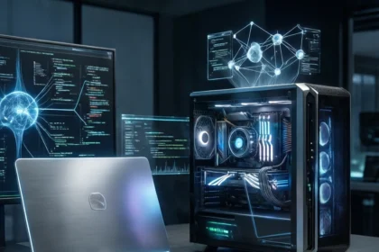 En bærbar computer og en stationær computer med et lysende sidepanel af glas står på et skrivebord, mens der vises holografiske netværksdiagrammer på skærmene og svæver over computerkabinettet. - Kunstig intelligens AI