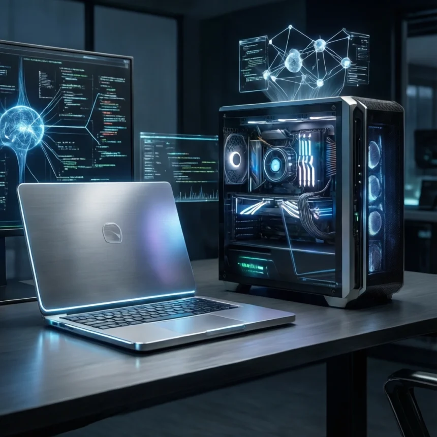 En bærbar computer og en stationær computer med et lysende sidepanel af glas står på et skrivebord, mens der vises holografiske netværksdiagrammer på skærmene og svæver over computerkabinettet. - Kunstig intelligens AI