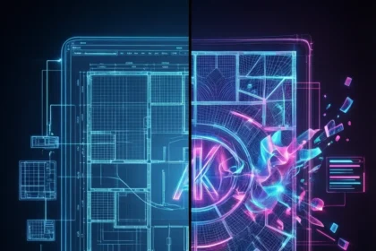 Et digitalt display med delt skærm, der til venstre viser en lysende blå arkitektonisk grundplan og til højre et livligt geometrisk mønster i lilla og lyserød, der falder fra hinanden. - Kunstig intelligens AI