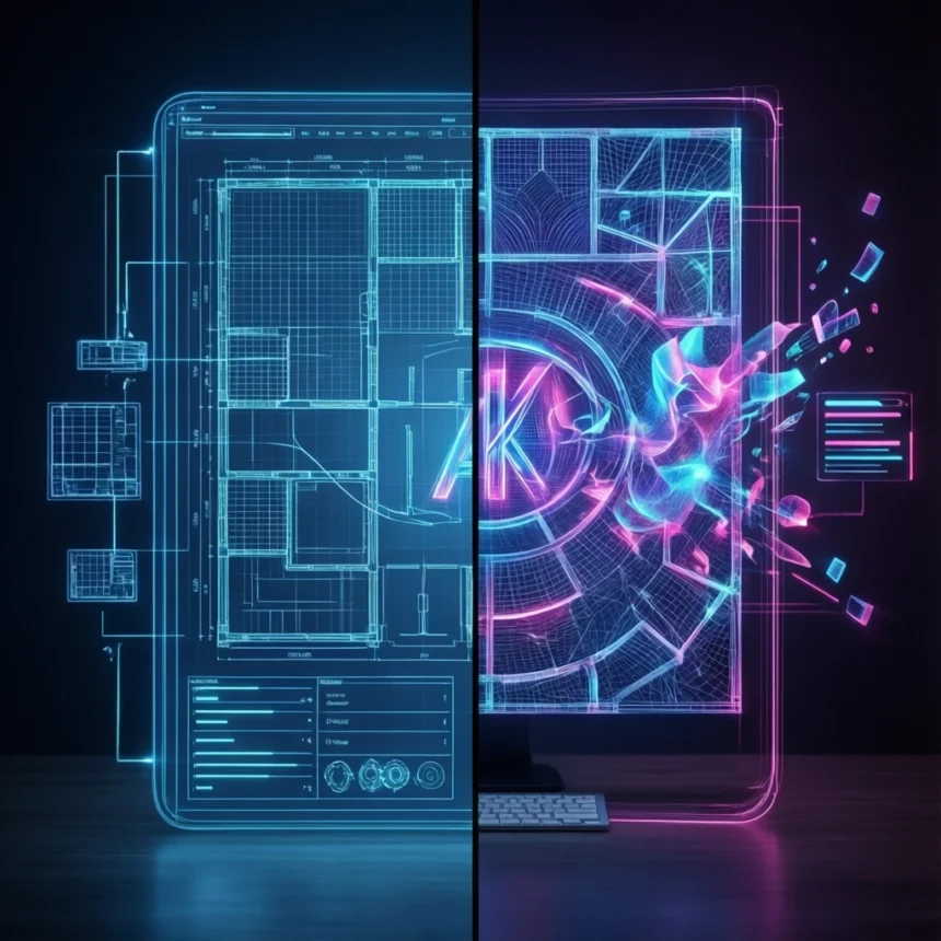 Et digitalt display med delt skærm, der til venstre viser en lysende blå arkitektonisk grundplan og til højre et livligt geometrisk mønster i lilla og lyserød, der falder fra hinanden. - Kunstig intelligens AI