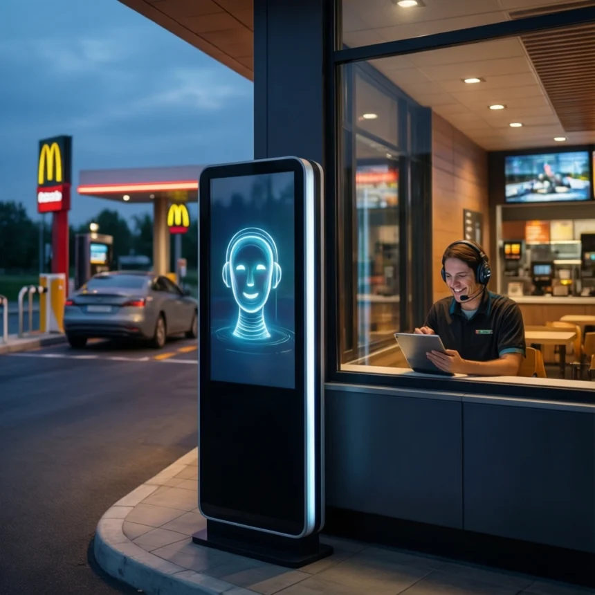 I en McDonald’s-drive-thru står der en digital bestillingskiosk med et ikon i form af et smilende ansigt, mens en medarbejder inde i restauranten tager imod bestillinger på en tablet. En bil venter i køen ved drive-thru’en, og restauranten er kraftigt oplyst i skumringen. - Kunstig intelligens AI