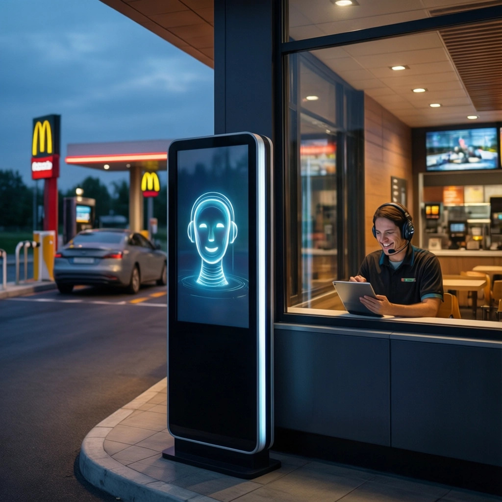 I en McDonald’s-drive-thru står der en digital bestillingskiosk med et ikon i form af et smilende ansigt, mens en medarbejder inde i restauranten tager imod bestillinger på en tablet. En bil venter i køen ved drive-thru’en, og restauranten er kraftigt oplyst i skumringen. - Kunstig intelligens AI