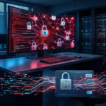 En computerskærm, der viser røde kode- og hængelåsikoner, med et digitalt overlay af et Bitcoin-hængelåsikon og kredsløb i forgrunden. - Kunstig intelligens AI