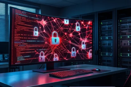 En computerskærm, der viser røde kode- og hængelåsikoner, med et digitalt overlay af et Bitcoin-hængelåsikon og kredsløb i forgrunden. - Kunstig intelligens AI