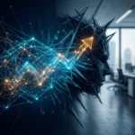 Et digitalt menneskehoved med spidse elementer er overlejret af lysende netværkslinjer og en pil, der peger opad, hvilket symboliserer AI-drevet forretningsvækst, i et moderne kontormiljø. - Kunstig intelligens AI