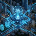 I midten af byens gadenet ligger en lysende digital sfære af dataforbindelser, hvorfra lysfyldte ledninger strækker sig ud til de omkringliggende bygninger. - Kunstig intelligens AI