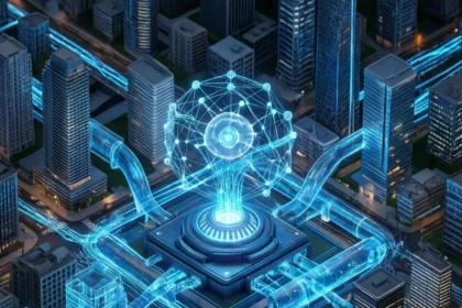 I midten af byens gadenet ligger en lysende digital sfære af dataforbindelser, hvorfra lysfyldte ledninger strækker sig ud til de omkringliggende bygninger. - Kunstig intelligens AI