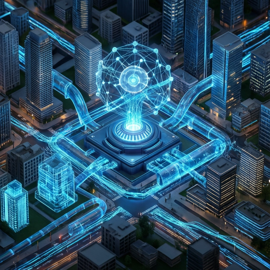 I midten af byens gadenet ligger en lysende digital sfære af dataforbindelser, hvorfra lysfyldte ledninger strækker sig ud til de omkringliggende bygninger. - Kunstig intelligens AI