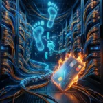 Et kreditkort, der står i flammer, ligger på gulvet i et serverrum, mens glødende digitale spor svæver i midtergangen. - Kunstig intelligens AI