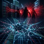 Silhuetagtige figurer står i et serverrum, mens et lysende digitalt netværk bryder forgrundens gittermønster. - Kunstig intelligens AI