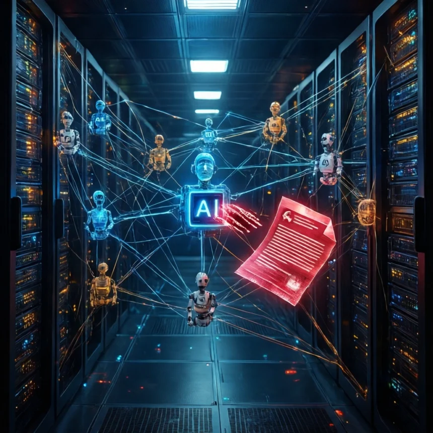 Et centralt, lysende AI-emblem er forbundet med flere små robotter og et holografisk dokument i en gang i serverrummet. - Kunstig intelligens AI
