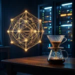 Et lysende geometrisk netværk svæver ved siden af en pour-over-kaffemaskine på et træbord, mens serverrack og computere lyser op i den mørke baggrund. - Kunstig intelligens AI