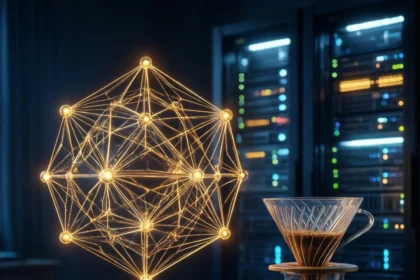 Et lysende geometrisk netværk svæver ved siden af en pour-over-kaffemaskine på et træbord, mens serverrack og computere lyser op i den mørke baggrund. - Kunstig intelligens AI