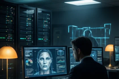 En person i jakkesæt sidder ved et skrivebord i et mørkt serverrum og kigger på en computerskærm, hvor der vises et ansigtsgenkendelsesprogram. - Kunstig intelligens AI
