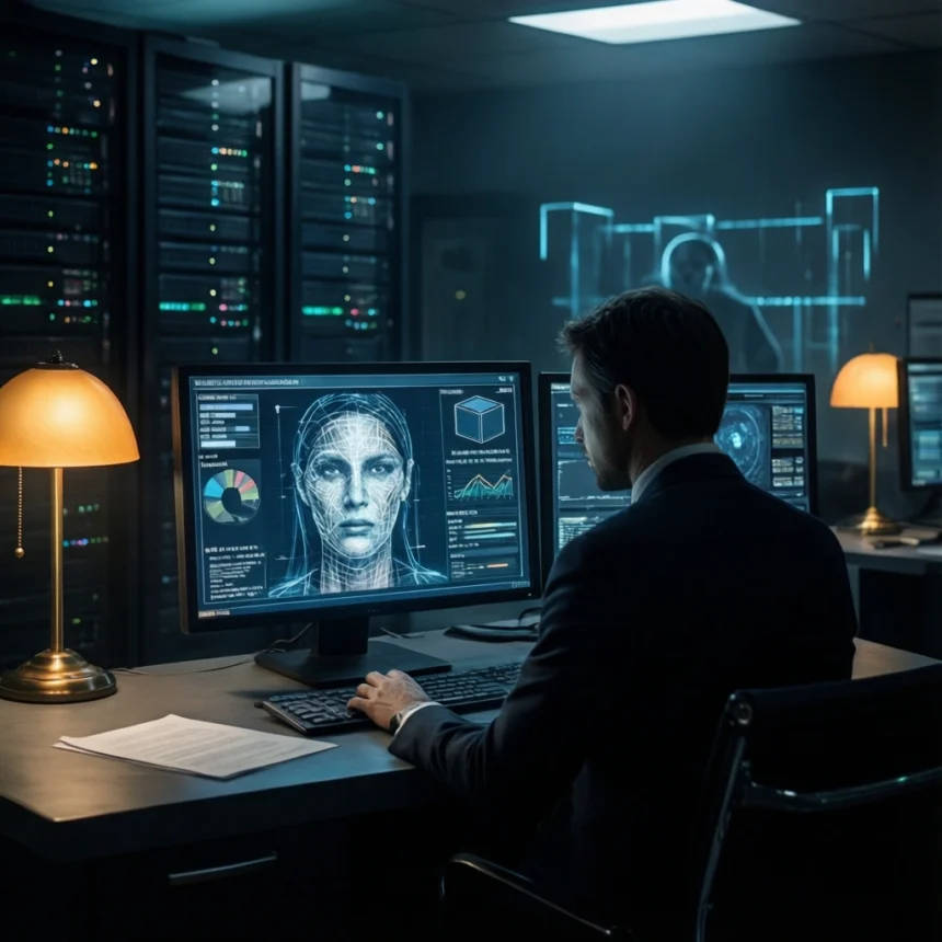 En person i jakkesæt sidder ved et skrivebord i et mørkt serverrum og kigger på en computerskærm, hvor der vises et ansigtsgenkendelsesprogram. - Kunstig intelligens AI