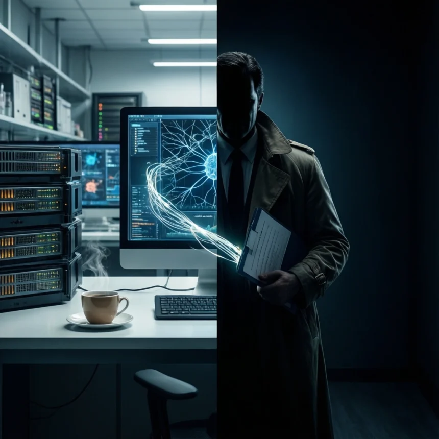 Et delt billede viser et lyst oplyst serverrum med en kaffekop og en mørk, skyggeagtig skikkelse i en trenchcoat, der holder nogle dokumenter, mens digitale neurale data forbinder de to halvdele. - Kunstig intelligens AI