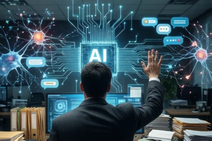 En person i jakkesæt sidder ved et skrivebord med hånden løftet foran en lysende digital skærm, der viser et kredsløbskort, AI-tekst og grafik af et neuralt netværk. - Kunstig intelligens AI