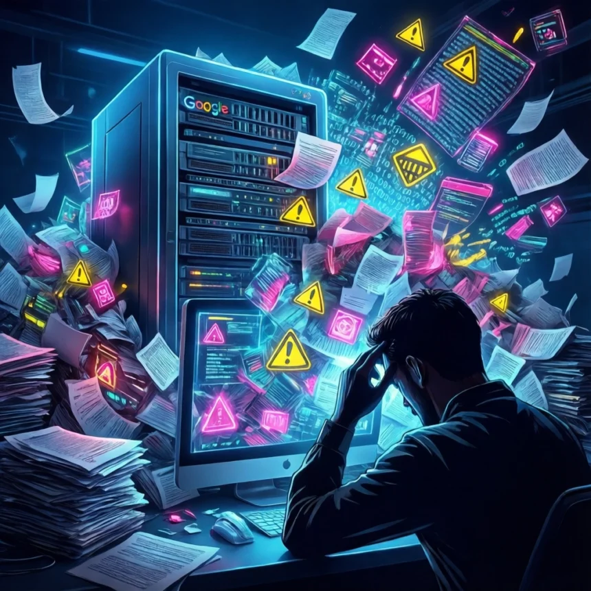 En person sidder ved et skrivebord foran en computerskærm og en server, som begge er omgivet af svævende digitale dokumenter og lysende gule advarselsikoner. - Kunstig intelligens AI