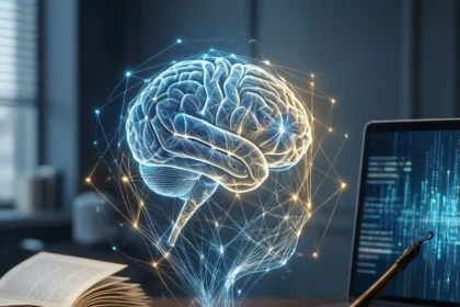 En lysende digital hjerne svæver over et stykke papir, hvor en fyldepen tegner abstrakte blæklinjer, med en åben bog og en bærbar computer i baggrunden. - Kunstig intelligens AI