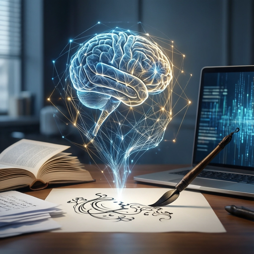 En lysende digital hjerne svæver over et stykke papir, hvor en fyldepen tegner abstrakte blæklinjer, med en åben bog og en bærbar computer i baggrunden. - Kunstig intelligens AI