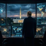 En mand i jakkesæt kigger ud ad et vindue på Det Hvide Hus og Washington-monumentet fra et kommandocenter fyldt med digitale kort og dataskærme. - Kunstig intelligens AI