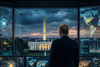 En mand i jakkesæt kigger ud ad et vindue på Det Hvide Hus og Washington-monumentet fra et kommandocenter fyldt med digitale kort og dataskærme. - Kunstig intelligens AI
