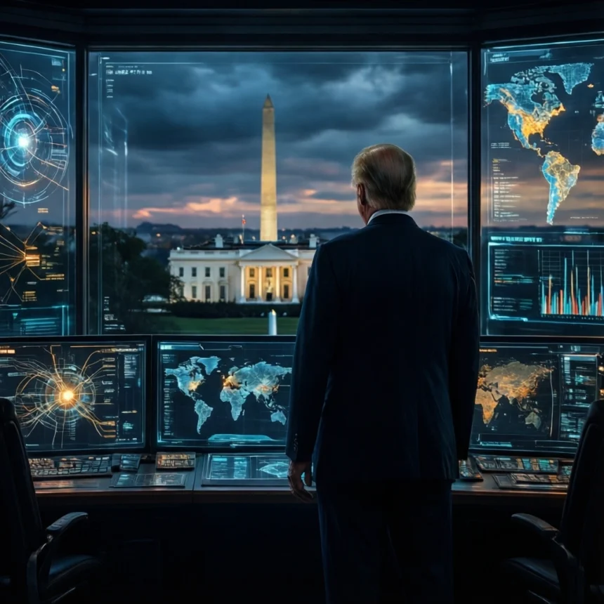 En mand i jakkesæt kigger ud ad et vindue på Det Hvide Hus og Washington-monumentet fra et kommandocenter fyldt med digitale kort og dataskærme. - Kunstig intelligens AI