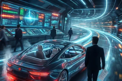 En person i jakkesæt går hen imod en elegant bil på en lysende digital motorvej, forbi skærme, der viser data, i en futuristisk korridor. - Kunstig intelligens AI