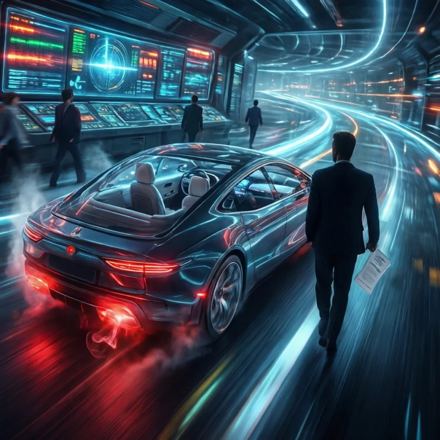 En person i jakkesæt går hen imod en elegant bil på en lysende digital motorvej, forbi skærme, der viser data, i en futuristisk korridor. - Kunstig intelligens AI