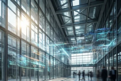 Folk, der går gennem et moderne atrium med glasvægge, fyldt med lysende digitale dataoverlejringer. - Kunstig intelligens AI