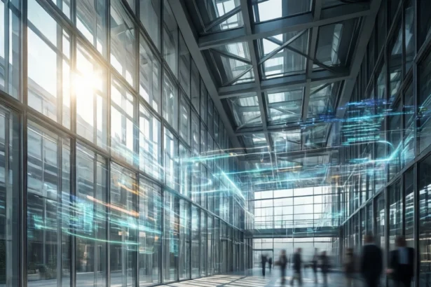 Folk, der går gennem et moderne atrium med glasvægge, fyldt med lysende digitale dataoverlejringer. - Kunstig intelligens AI