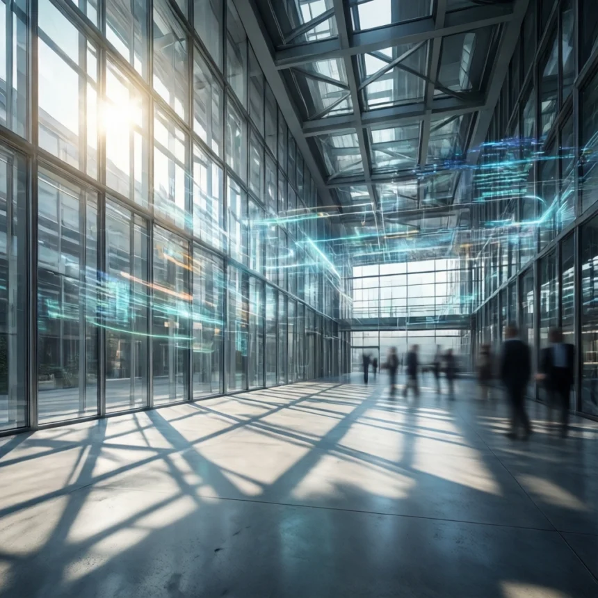 Folk, der går gennem et moderne atrium med glasvægge, fyldt med lysende digitale dataoverlejringer. - Kunstig intelligens AI