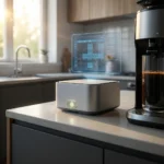 En køkkenbordplade med en smart enhed, der projicerer en holografisk kalender ved siden af en kaffemaskine. - Kunstig intelligens AI